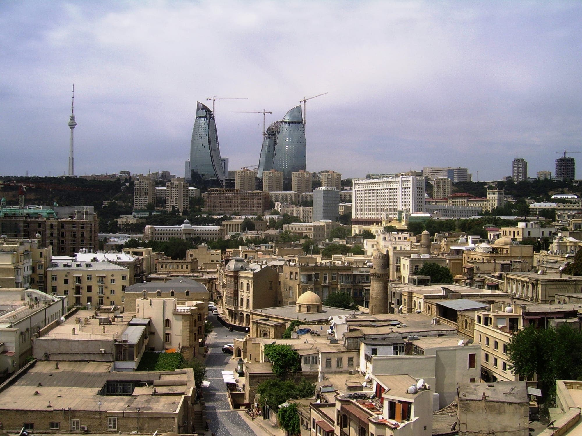 The Flame Towers rising above Baku seen from the Caspian waterfront